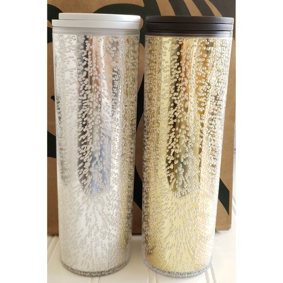 STARBUCKS 2020 Holiday Sparkling Snow bubbles silver gold hot tumblers 16 oz NEW - Picture 2 of 4